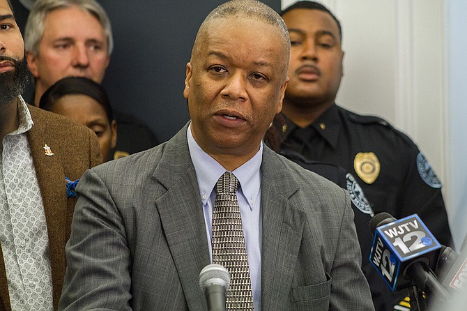 Interim Police Chief Anthony Moore implemented a downtown foot-patrol unit effective April 2, 2018, to foster positive policing relationships and offer prompt police assistance when necessary. He is pictured here at a previous press conference.