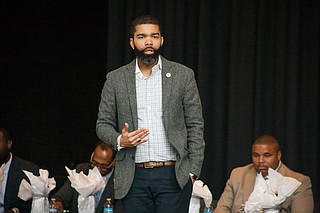 At a "Man to Man" panel at Bailey APAC Middle School, Mayor Chokwe Antar Lumumba and a panel of city leaders and professionals talked to the seventh- and eighth-grade boys about the importance of education and staying on track on April 13, 2018.