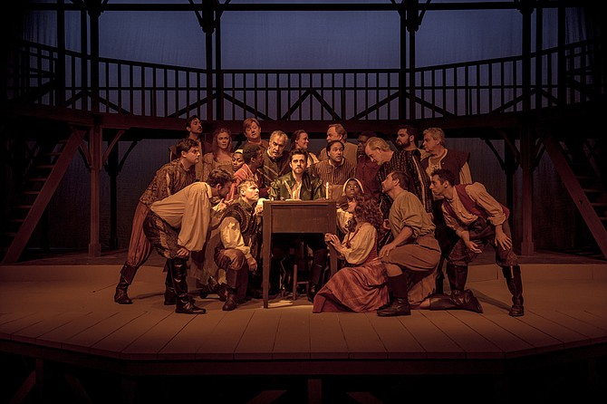 In New Stage Theatre's production of "Shakespeare in Love," Hunter Hoffman (front center) stars as budding playwright William Shakespeare, who falls in love with Viola de Lesseps, the daughter of a wealthy merchant.