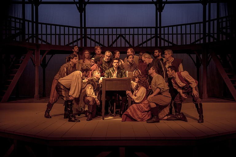 In New Stage Theatre's production of "Shakespeare in Love," Hunter Hoffman (front center) stars as budding playwright William Shakespeare, who falls in love with Viola de Lesseps, the daughter of a wealthy merchant.