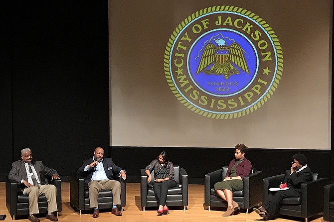 Panelists discussed childhood trauma, re-entry and mental health at the City of Jackson's Crime and Justice Summit at the Jackson Convention Center on April 19, 2018. The panelists were, from left to right, Larry Perry, Devon Loggins, Tiffany Anderson Washington, Fallon Brewster and Etta Morgan.