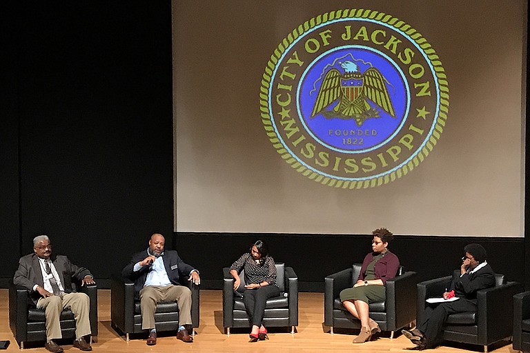 Panelists discussed childhood trauma, re-entry and mental health at the City of Jackson's Crime and Justice Summit at the Jackson Convention Center on April 19, 2018. The panelists were, from left to right, Larry Perry, Devon Loggins, Tiffany Anderson Washington, Fallon Brewster and Etta Morgan.