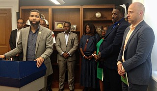 From left to right, Director of Planning and Development Mukesh Kumar, Fire Chief Willie Owens, Chief Administrative Officer Robert Blaine, Director of Human and Cultural Services Adriane Dorsey-Kidd, Chief of Staff Safiya Omari, Director of Parks and Recreation Ison Harris Jr. and Director of Administration Charles Hatcher.