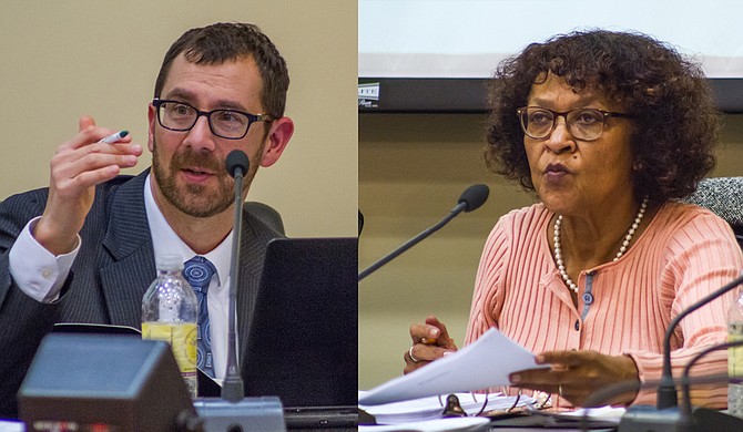 JPS Board President Jeanne Hairston (right) and Vice President Ed Sivak (left) explained the district’s need to have a bond referendum to city council members last week in a work session. Jacksonians will vote in August.