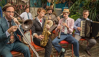 Panorama Jazz Band features clarinetist Ben Schenck (middle right), saxophonist Aurora Nealand (middle left), accordionist Matt Schreiber (right) and a rotating lineup. The group performs June 16 for a “Thacker Mountain Radio Hour” event.