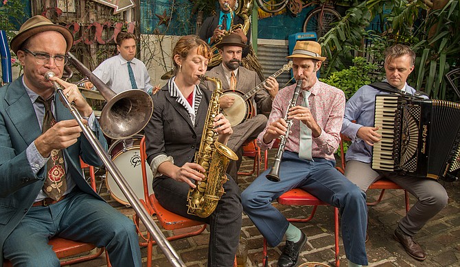 Panorama Jazz Band features clarinetist Ben Schenck (middle right), saxophonist Aurora Nealand (middle left), accordionist Matt Schreiber (right) and a rotating lineup. The group performs June 16 for a “Thacker Mountain Radio Hour” event.