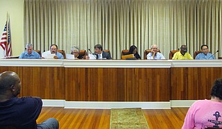 From left to right: Ward 4 Alderman James Harrell, Alderman Eddie Jones, Ward 3 Alderman Margie Warren, city lawyer Brad Mills, Mayor Ryshonda Harper Beechem, City Clerk Thomas Lyle, Ward 2 Alderman Frank Boyd and Ward 1 Alderman Michael Adams.