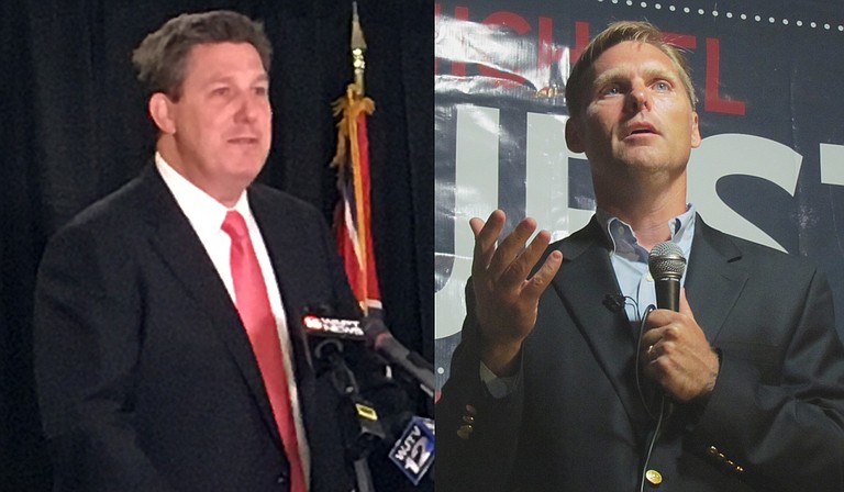 Michael Guest (right) and Whit Hughes (left) held watch parties on June 5 for the primary elections.