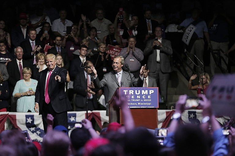 Gov. Phil Bryant's ties to "Brexit Boys" went beyond his connection to Nigel Farage (pictured here at a Trump rally in Jackson); after he met Arron Banks and Andy Wigmore with the Leave.EU campaign, Bryant helped Banks' company bring a data project to the University of Mississippi.