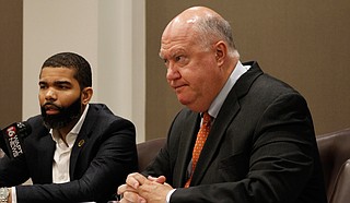 Mayor Chokwe A. Lumumba (left) and Public Works Director Bob Miller (right) are advocating for the Jackson City Council to hire three contractors to fill 60 public-works vacancies as sewers collapse across Jackson.