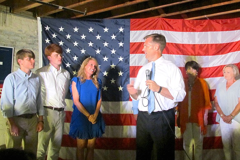 Michael Guest thanks his family for their support Tuesday evening after he won the Republican nomination for the Third U.S. Congressional District.