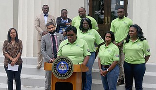 Constituent Services Manager Keyshia Sanders addressed reporters at a press conference on July 9 about the City's "Stuff the Truck" campaign. The goal is to fill an 18-wheel truck with school supplies to help Jackson Public School students during the upcoming school year.