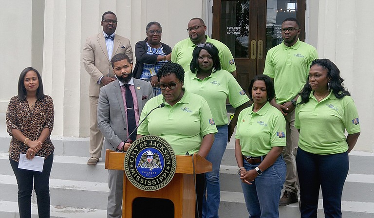 Constituent Services Manager Keyshia Sanders addressed reporters at a press conference on July 9 about the City's "Stuff the Truck" campaign. The goal is to fill an 18-wheel truck with school supplies to help Jackson Public School students during the upcoming school year.