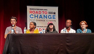 Diego Pfeiffer speaks at the "March for Our Lives: Road to Change" town hall at Thalia Mara Hall (255 E. Pascagoula St.) on Aug. 2. From left to right, Pfeiffer, Murrah High School junior Maisie Brown, Marjory Stoneman Douglas graduate Sophie Whitney, St. Andrew's Episcopal School senior Clay Morris and Murrah High School student Maggie Jefferis.