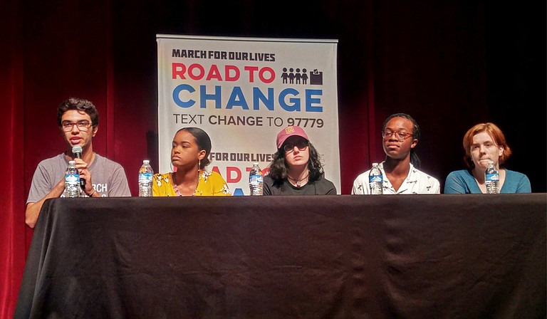 Diego Pfeiffer speaks at the "March for Our Lives: Road to Change" town hall at Thalia Mara Hall (255 E. Pascagoula St.) on Aug. 2. From left to right, Pfeiffer, Murrah High School junior Maisie Brown, Marjory Stoneman Douglas graduate Sophie Whitney, St. Andrew's Episcopal School senior Clay Morris and Murrah High School student Maggie Jefferis.