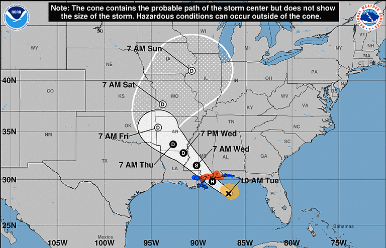 A hurricane warning is in effect for the entire Mississippi and Alabama coasts. The National Hurricane Center predicted a "life-threatening" storm surge of 3 to 5 feet (0.9 to 1.5 meters) along parts of the central Gulf Coast.