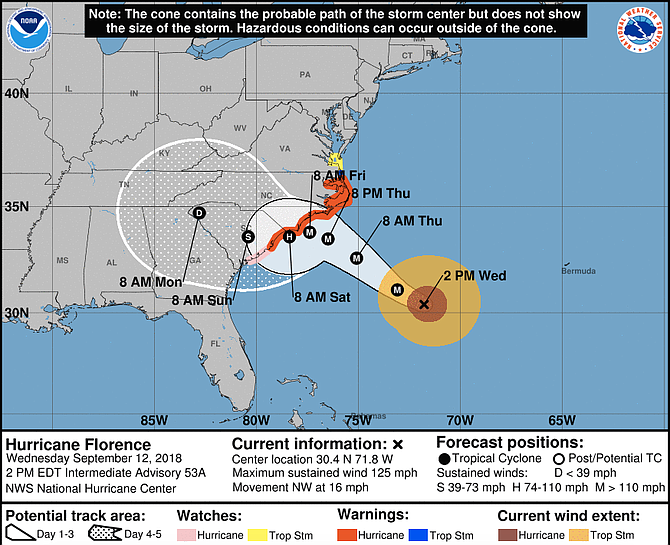Closing in with terrifying winds of 125 mph (205 kph) and potentially catastrophic rain and storm surge, Florence is expected to blow ashore Saturday morning along the North Carolina-South Carolina line, the National Hurricane Center said.