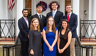 The 2018 cohort of Stamps Scholars at UM: (front row, from left) Grace Dragna, Grace Marion and Valerie Quach, and (back row) Shahbaz Gul, Jeffrey Wang, Gregory Vance and Richard Springer. 