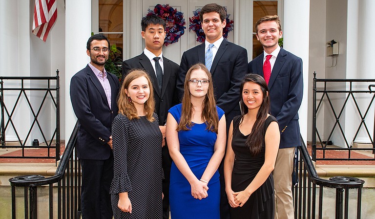 The 2018 cohort of Stamps Scholars at UM: (front row, from left) Grace Dragna, Grace Marion and Valerie Quach, and (back row) Shahbaz Gul, Jeffrey Wang, Gregory Vance and Richard Springer. 