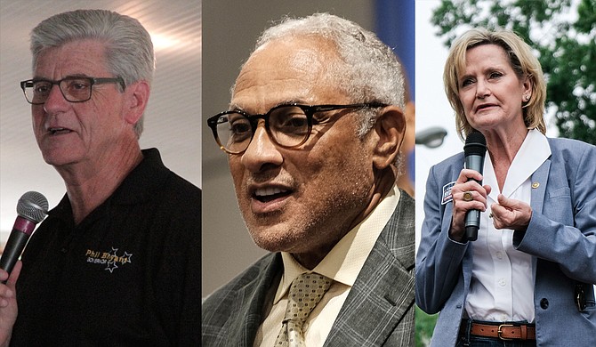 Mississippi leaders, including Gov. Phil Bryant (left), U.S. Senate candidate Mike Espy (center) and U.S. Sen. Cindy Hyde-Smith (right), condemned efforts from an unknown perpetrator to send bombs to high-profile Democrats.