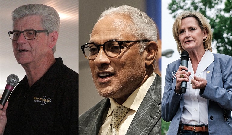 Mississippi leaders, including Gov. Phil Bryant (left), U.S. Senate candidate Mike Espy (center) and U.S. Sen. Cindy Hyde-Smith (right), condemned efforts from an unknown perpetrator to send bombs to high-profile Democrats.