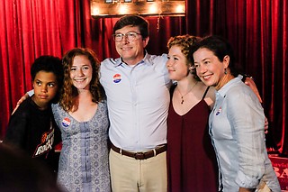 David Baria (middle) celebrated his Democratic primary victory with his faimly, including (left to right) his son Max, daughters Merritt and Bess, and wife Marcie.