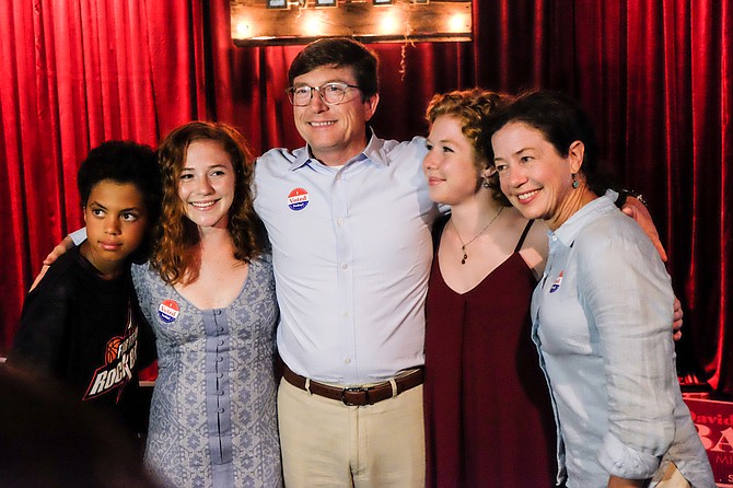 David Baria (middle) celebrated his Democratic primary victory with his faimly, including (left to right) his son Max, daughters Merritt and Bess, and wife Marcie.