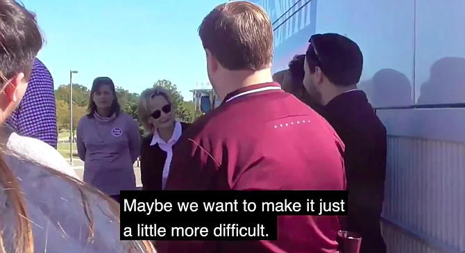 In a video that surfaced Nov. 15, 2018, U.S. Sen. Cindy Hyde-Smith suggests making it “more difficult” for people in certain schools to vote. Courtesy Bayou Brief