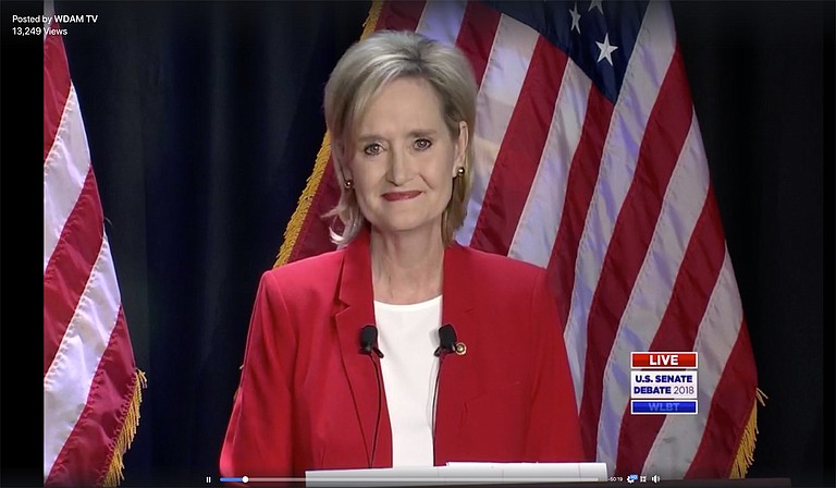 During the debate between U.S. Senate candidates Cindy Hyde-Smith and Mike Espy, Hyde-Smith accused Espy of discriminating against an employee who had a child with a pre-existing condition. Photo courtesy WLBT