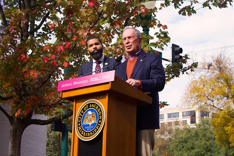 Long-time New York City Mayor Michael Bloomberg announced a $1-million public-art grant for the City of Jackson alongside MAyor Chokwe Antar Lumumba on Nov. 29, 2018.