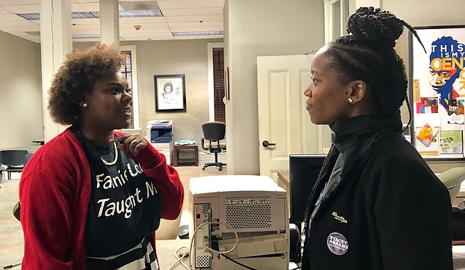 Arekia Bennett (left), executive director of Mississippi Votes, chats with actress Erika Alexander (right) at Jackson State University on Nov. 26, the day before the U.S. Senate run-off between Sen. Cindy Hyde-Smith and Mike Espy.