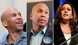 Though former Massachusetts Gov. Deval Patrick (center) has decided not to run for the Democratic nomination for president for 2020, others—like Sens. Cory Booker (left) and Kamala Harris (right)—are still considering it. Booker photo by William Pittman; Patrick and Harris photos by Ashton Pittman.