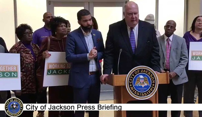 At a Dec. 13, 2018, press conference, Public Works Director Bob Miller and Mayor Chokwe Antar Lumumba announced the first satellite customer-service stations to help Jackson residents with water bills. Photo courtesy City of Jackson