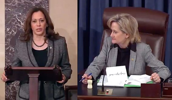 U.S. Sen. Cindy Hyde-Smith (right), R-Miss., presided over the U.S. Senate as it passed an anti-lynching law spearheaded by Sens. Kamala Harris, D-Calif. (left); Cory Booker, D-N.J.; and Tim Scott, R-S.C. Photo courtesy Sen. Kamala Harris/Twitter