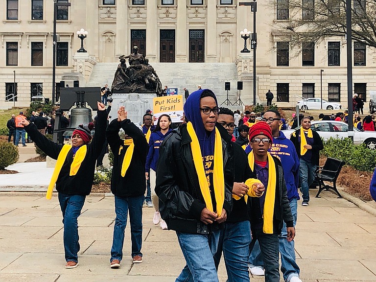 High-school students joined advocates for private-school subsidies at the Mississippi Capitol at a Jan. 22 rally that the Koch Brothers-funded Americans for Prosperity organized.
