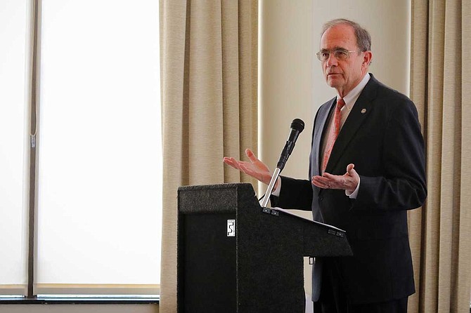 Mississippi Secretary of State Delbert Hosemann, a Republican candidate for lieutenant governor, discussed his ideas on healthcare, teacher pay, building an educated workforce, and more in Jackson on Feb. 25, 2018. Photo by Taylor Langele