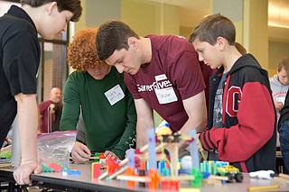 Garver sent a group of engineers to Germantown Middle School to observe the students' devices for the Garver Chain Reaction Challenge and teach them about STEM subjects, or science, technology, engineering and math. Photo courtesy Garver