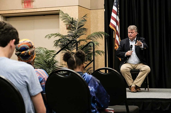 Mississippi Attorney General Jim Hood took questions from audience members at a town hall in Hattiesburg, Miss., on April 16, including from Anastassia Doctor, who asked him about old yearbook photos that showed members of his fraternity wearing blackface.