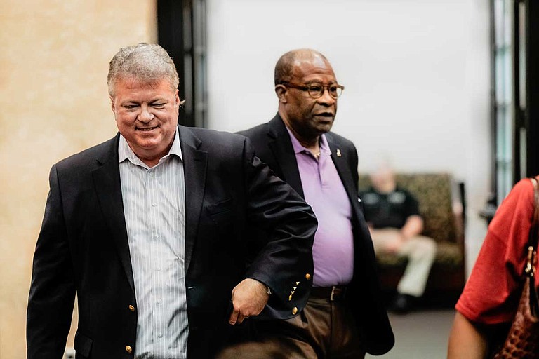 Mississippi Attorney General Jim Hood, a Democratic candidate for governor, spoke to former Hattiesburg Mayor Johnny DuPree just before answering questions at a townhall event at the University of Mississippi in Hattiesburg on Apr. 15, 2019. In 2011, Democrats chose DuPree as their nominee for governor and, like Hood now, he ran as an anti-abortion Democrat.