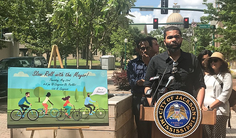 At a press conference on May 20, Mayor Chokwe Lumumba announced “Slow Roll with the Mayor!”, where residents will be able to take a bike ride with the mayor on Thursday, May 23. Photo by Aliyah Veal
