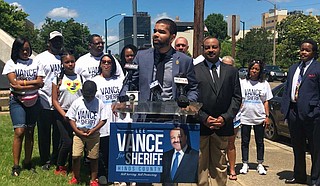 Jackson Mayor Chokwe Lumumba announces his endorsement of former Jackson Police Chief Lee Vance (left) for Hinds County Sheriff at a press conference outside the Hinds County Courthouse on May 24.