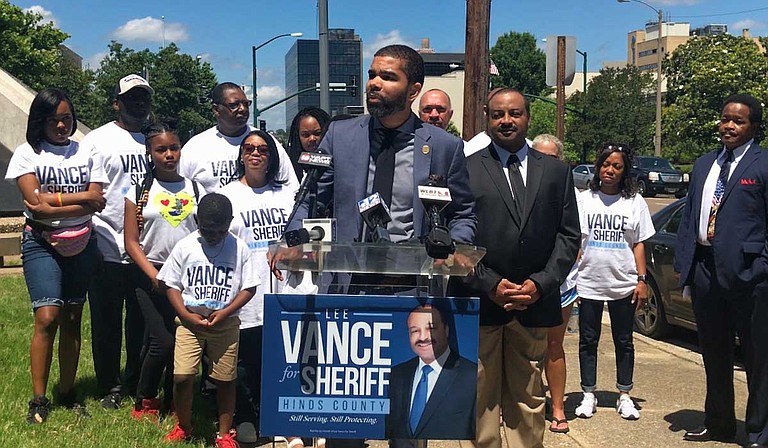 Jackson Mayor Chokwe Lumumba announces his endorsement of former Jackson Police Chief Lee Vance (left) for Hinds County Sheriff at a press conference outside the Hinds County Courthouse on May 24.