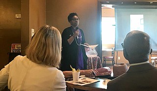 Willie Jones, president of Women for Progress, speaks to an audience at the Refill Cafe about dispeling voter apathy and reforming the voting process in Mississippi.