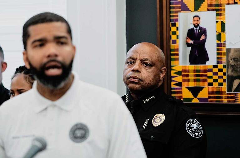 Jackson Mayor Chokwe A. Lumumba joined Police Chief James Davis at a press conference on May 28, 2019, where he defended JPD's handling of sexual-assault claims against Officer James Hollins, who committed suicide on May 27.