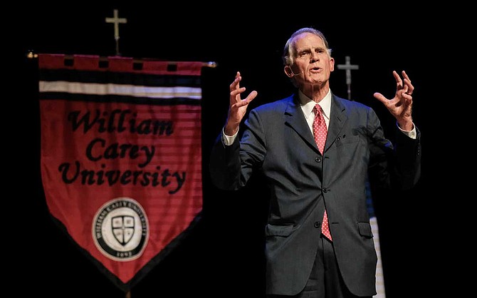 A Republican candidate for attorney general, Andy Taggart, gives closing remarks at a debate with Mississippi state Rep. Mark Baker, R-Brandon, an opponent, at William Carey University on June 5, 2019.
