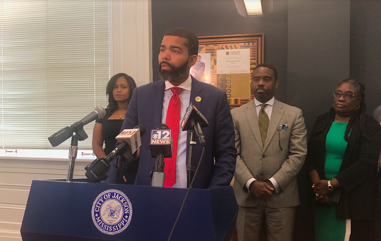 Mayor Chokwe A. Lumumba announced that the City of Jackson filed a lawsuit against Siemens Corp. and several local minority contractors at a press conference on June 11. Photo by Aliyah Veal