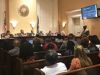 Jessie Thompson, founder of the Jackson Music Awards, speaks to city council members about the importance of southern soul music at the June 11 meeting.