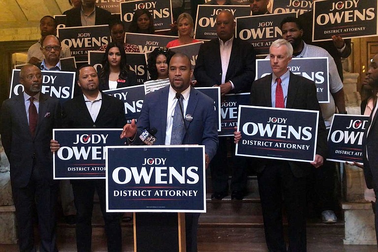 Jody Owens discusses his campaign for district attorney at a press conference on June 24 inside the Mississippi Capitol building.