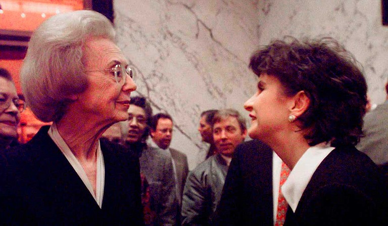 Former Lt. Gov. Evelyn Gandy greets Amy Tuck shortly after her 1999 election as lieutenant governor at a reception in the Mississippi State Capitol on Jan. 6, 2000. Tuck is one of just three women to hold statewide office since Gandy first broke the barrier in 1959. The third is current state Treasurer Lynn Fitch. Photo by Rogelio v Solis via AP