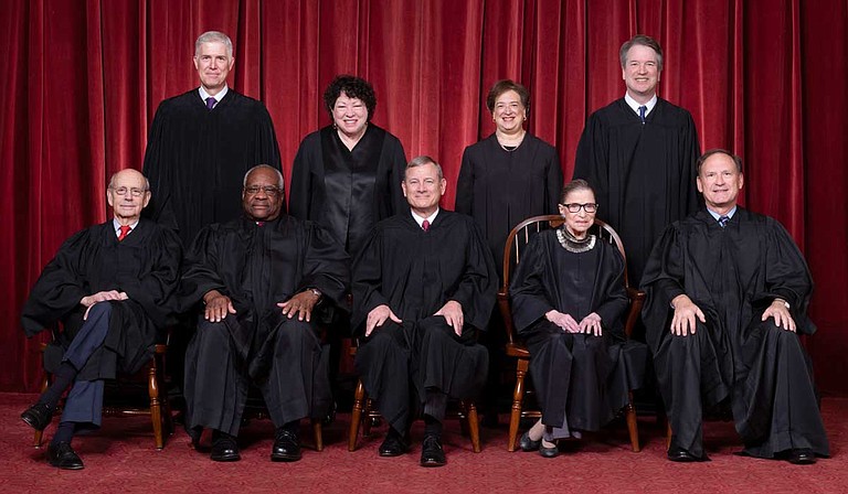 Back row (left to right): Neil Gorsuch, Sonia Sotomayor, Elena Kagan, and Brett Kavanaugh. Front row (left to right): Stephen Breyer, Clarence Thomas, Chief Justice John Roberts, Ruth Bader Ginsburg, and Samuel Alito Photo courtesy Fred Schilling/Collection of the Supreme Court of the United States